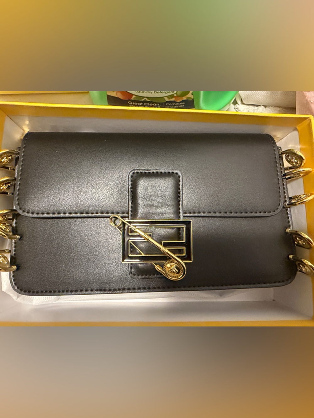Elegant black or mono Leather Shoulder Bag with Gold Hardware